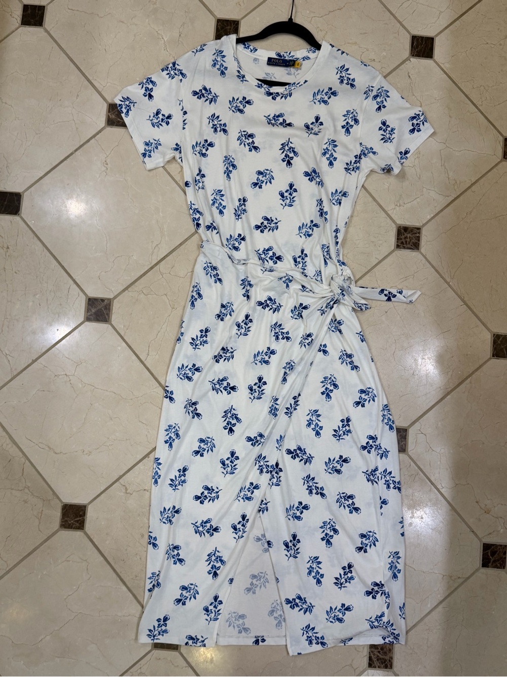 Polo by Ralph Lauren White Midi Dress with Blue Floral Print and Tie-Waist